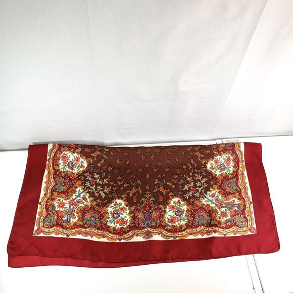 Liberty of London 100% Silk Twill Red Brown Floral Foulard Border Scarf 23"X23" - Picture 2 of 16